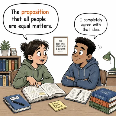 proposition (önerme, teklif, iddia) karikatürü — diyalogla bağlam içinde öğren