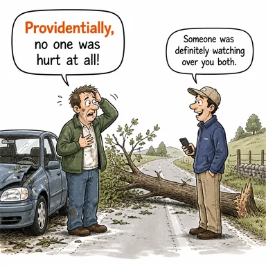 providentially (şans eseri, kaderin cilvesiyle, ilahi takdirle) karikatürü — diyalogla bağlam içinde öğren