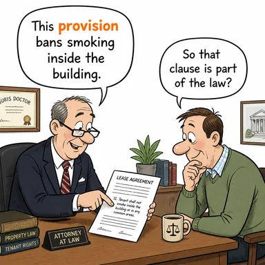 provision (hüküm, koşul; tedarik, temin) karikatürü — diyalogla bağlam içinde öğren