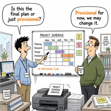 provisional (geçici, nihai olmayan) karikatürü — diyalogla bağlam içinde öğren