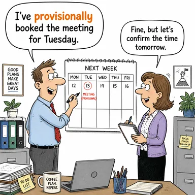 provisionally (geçici olarak, şimdilik) karikatürü — diyalogla bağlam içinde öğren