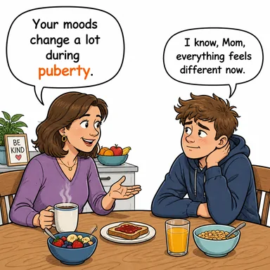puberty (ergenlik, buluğ çağı) karikatürü — diyalogla bağlam içinde öğren