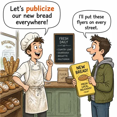 publicize (duyurmak, reklamını yapmak, yaymak) karikatürü — diyalogla bağlam içinde öğren