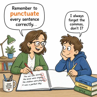 punctuate (noktalama işareti koymak; (sözünü) kesmek, araya girmek) karikatürü — diyalogla bağlam içinde öğren