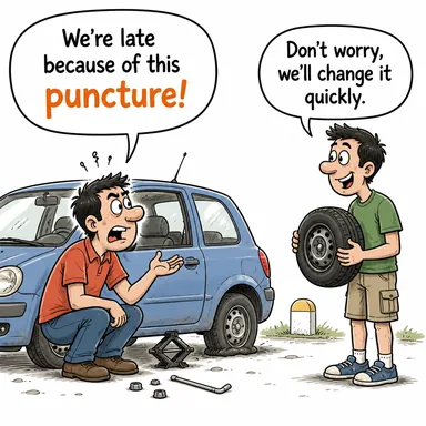 puncture (delik, patlak (lastik)) karikatürü — diyalogla bağlam içinde öğren
