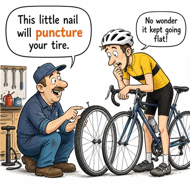 puncture (delmek, (lastik) patlatmak) karikatürü — diyalogla bağlam içinde öğren