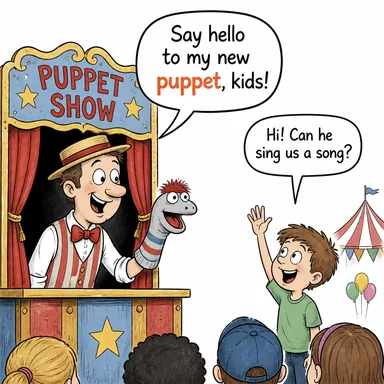 puppet (kukla) karikatürü — diyalogla bağlam içinde öğren