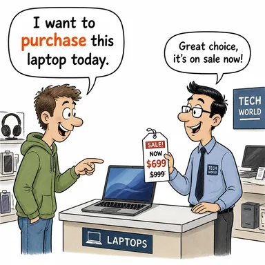 purchase (satın almak, alım) karikatürü — diyalogla bağlam içinde öğren