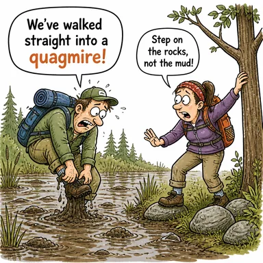 quagmire (bataklık; (mecazen) içinden çıkılmaz durum, çıkmaz) karikatürü — diyalogla bağlam içinde öğren