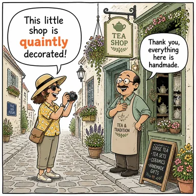 quaintly (tuhaf ama hoş bir şekilde, eski moda bir tarzda) karikatürü — diyalogla bağlam içinde öğren