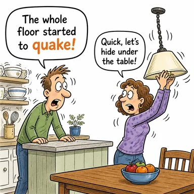 quake (sarsılmak, titremek; (isim) deprem) karikatürü — diyalogla bağlam içinde öğren