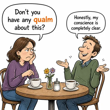 qualm (vicdan azabı, tereddüt, endişe) karikatürü — diyalogla bağlam içinde öğren
