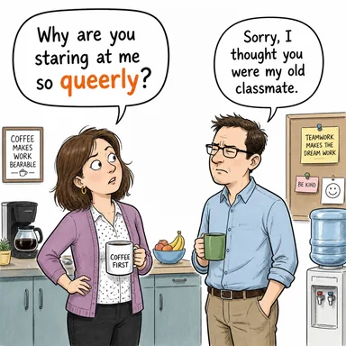 queerly (tuhafça, garip bir şekilde) karikatürü — diyalogla bağlam içinde öğren