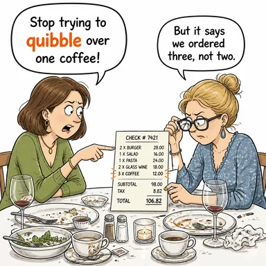 quibble (kelime oyunu yapmak, önemsiz ayrıntılara takılmak) karikatürü — diyalogla bağlam içinde öğren