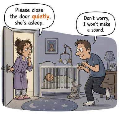 quietly (sessizce, sakince) karikatürü — diyalogla bağlam içinde öğren