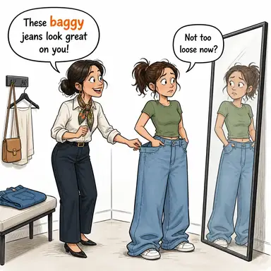 baggy (bol, torba gibi (kıyafet)) karikatürü — diyalogla bağlam içinde öğren