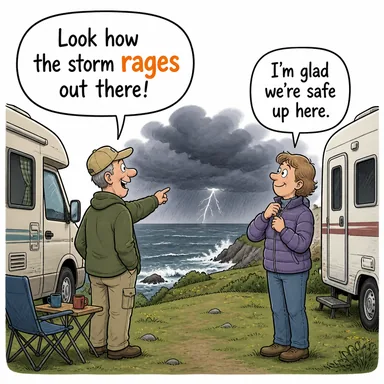 rage (öfkelenmek, köpürmek; (fırtına vb.) şiddetlenmek) karikatürü — diyalogla bağlam içinde öğren