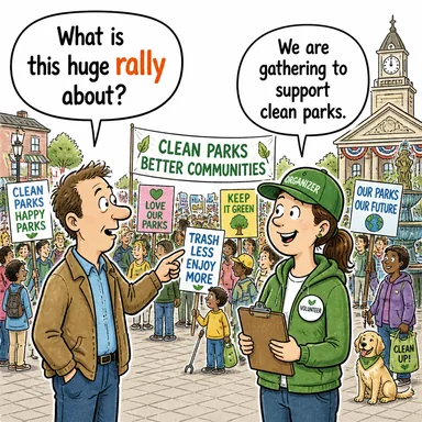 rally (miting, toplanma; toparlanma (piyasa/sağlık)) karikatürü — diyalogla bağlam içinde öğren