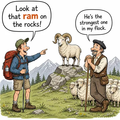 ram (koç; (fiil olarak) toslamak, çarpmak) karikatürü — diyalogla bağlam içinde öğren