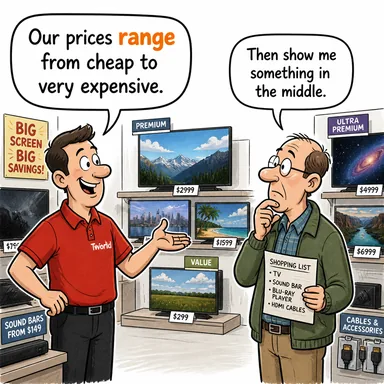 range ((belirli sınırlar arasında) değişmek, sıralanmak) karikatürü — diyalogla bağlam içinde öğren