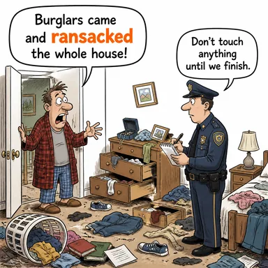 ransack (talan etmek, altüst ederek aramak, yağmalamak) karikatürü — diyalogla bağlam içinde öğren