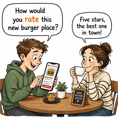 rate (değer biçmek, derecelendirmek; oran, hız) karikatürü — diyalogla bağlam içinde öğren