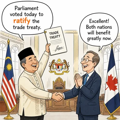 ratify (onaylamak, tasdik etmek (resmi antlaşma/yasa)) karikatürü — diyalogla bağlam içinde öğren