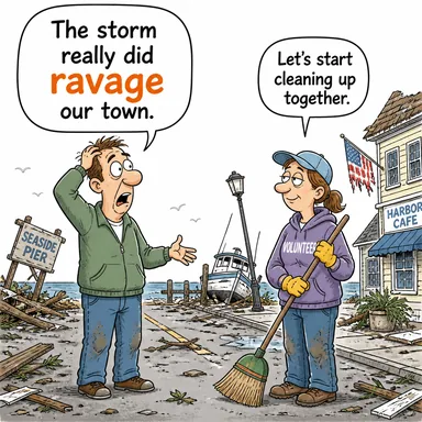 ravage (harap etmek, yakıp yıkmak, mahvetmek) karikatürü — diyalogla bağlam içinde öğren