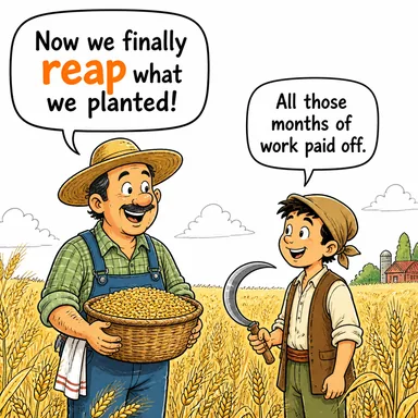 reap (hasat etmek, (sonuçlarını) toplamak) karikatürü — diyalogla bağlam içinde öğren