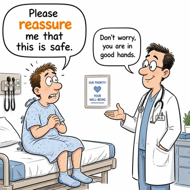 reassure (içini rahatlatmak, güven vermek) karikatürü — diyalogla bağlam içinde öğren