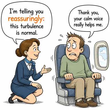 reassuringly (güven verici bir şekilde, rahatlatıcı biçimde) karikatürü — diyalogla bağlam içinde öğren