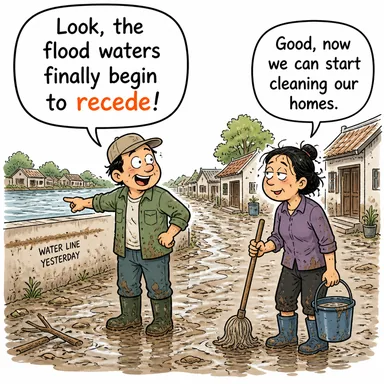 recede (geri çekilmek, uzaklaşmak, (etkisi) azalmak) karikatürü — diyalogla bağlam içinde öğren