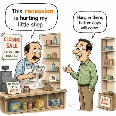 recession (ekonomik durgunluk, gerileme) karikatürü — diyalogla bağlam içinde öğren
