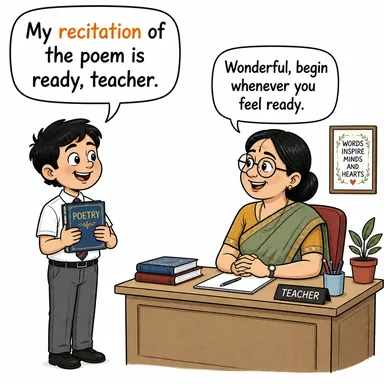 recitation (ezberden okuma, anlatma) karikatürü — diyalogla bağlam içinde öğren