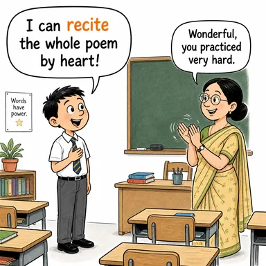 recite (ezberden okumak, sıralamak) karikatürü — diyalogla bağlam içinde öğren