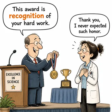 recognition (tanınma, kabul, takdir) karikatürü — diyalogla bağlam içinde öğren