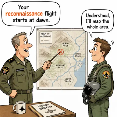 reconnaissance (keşif (askeri/stratejik)) karikatürü — diyalogla bağlam içinde öğren