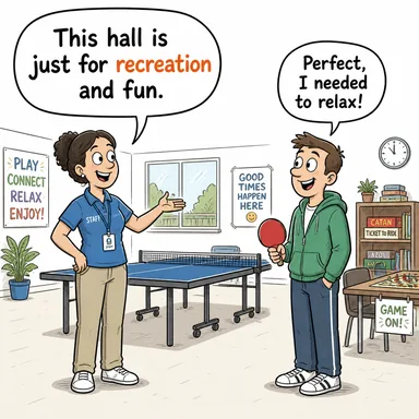 recreation (eğlence, dinlenme, aktivite) karikatürü — diyalogla bağlam içinde öğren