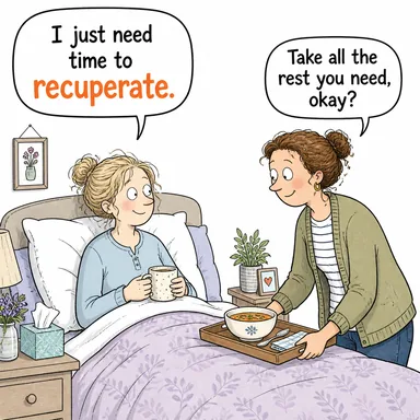 recuperate (iyileşmek, sağlığına kavuşmak) karikatürü — diyalogla bağlam içinde öğren