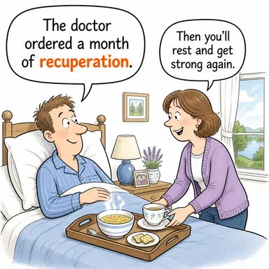 recuperation (iyileşme dönemi, nekahet) karikatürü — diyalogla bağlam içinde öğren