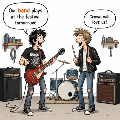 band (grup (müzik), şerit, bant, (insan) topluluğu) karikatürü — diyalogla bağlam içinde öğren