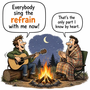 refrain (nakarat; (fiil olarak) kendini tutmak) karikatürü — diyalogla bağlam içinde öğren