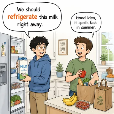 refrigerate (soğutmak, buzdolabında saklamak) karikatürü — diyalogla bağlam içinde öğren