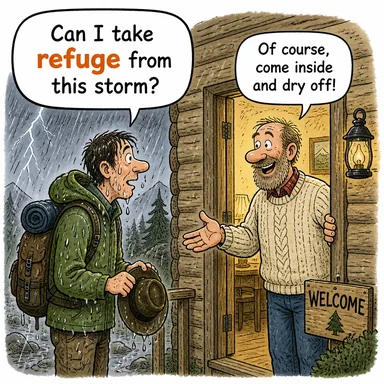 refuge (sığınak, barınak, sığınma) karikatürü — diyalogla bağlam içinde öğren