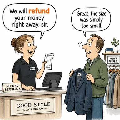 refund (parasını iade etmek, geri ödemek) karikatürü — diyalogla bağlam içinde öğren