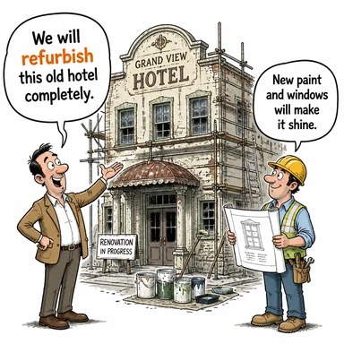 refurbish (yenilemek, tadilat yapmak, elden geçirmek) karikatürü — diyalogla bağlam içinde öğren