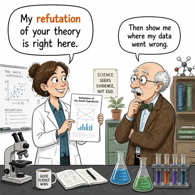refutation (yalanlama, çürütme, aksini ispatlama) karikatürü — diyalogla bağlam içinde öğren