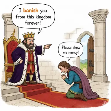 banish (sürgün etmek, kovmak, aklından çıkarmak) karikatürü — diyalogla bağlam içinde öğren