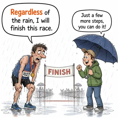 regardless (ne olursa olsun, aldırmadan) karikatürü — diyalogla bağlam içinde öğren