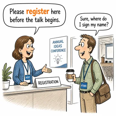 register (kaydetmek, sicile geçirmek; kayıt olmak) karikatürü — diyalogla bağlam içinde öğren